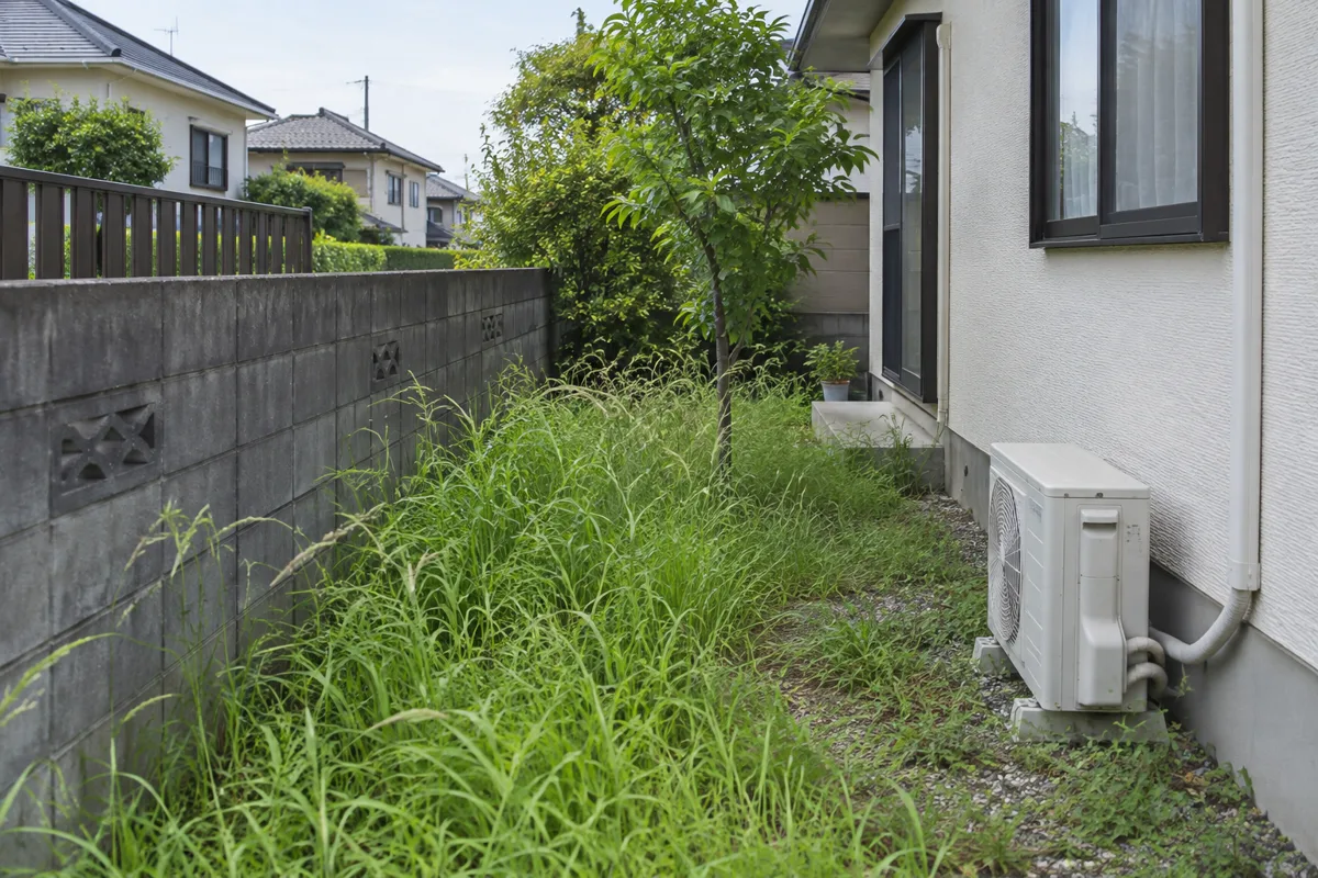 住宅の境界付近に伸びた草木のイメージ