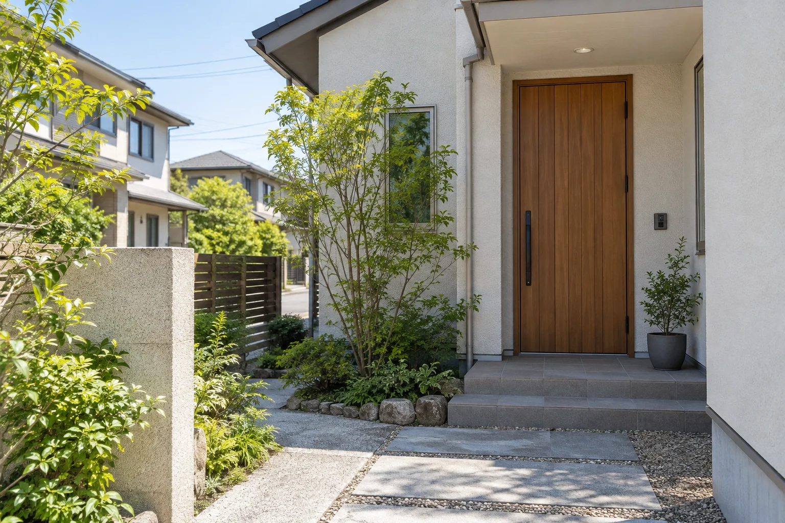 日差しが差し込む戸建て住宅の玄関まわり